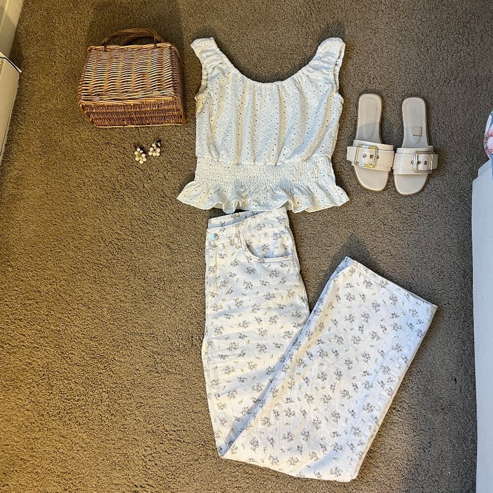 Cottage Core White Broderie Anglaise Peplum Tank Top- Size S